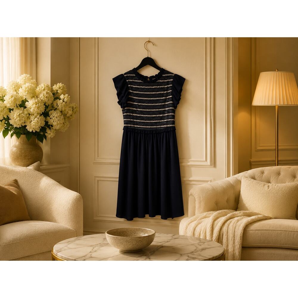 Ann Taylor Navy Smocked Midi Dress Size 2 Flutter Sleeve Fit Flare Lined Preppy